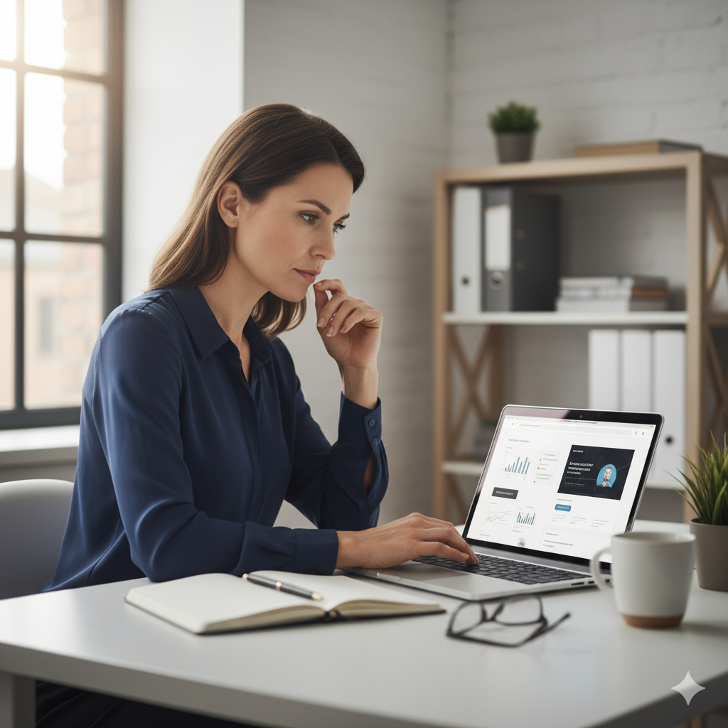 Empresaria analizando el diseño de una página web profesional para generar clientes